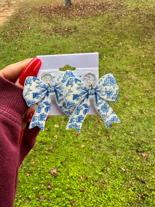 Blue floral bow earrings